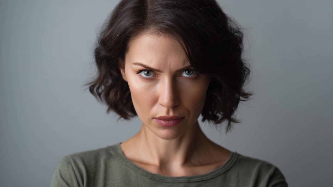 Intense Close-Up Expressions of a Woman Portraying Emotion Through Her Furrowed Brow and Intense Gaze, Captured in a Minimalist Background for Dramatic Effect