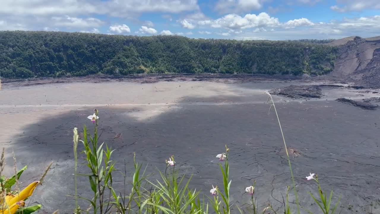 Cinematic wide panning shot of the hiking trail in the Kilauea Iki dry lava lake bed from an overlook in Hawai'i Volcanoes National Park
