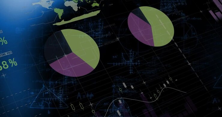 Animation of graphs, data and world map on black digital screen
