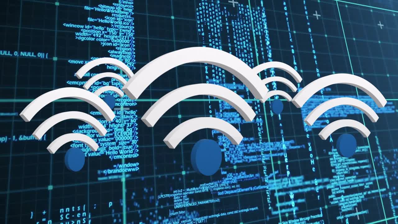 When teal grid scrolling code, three wireless icons fading rotating showing network coming online