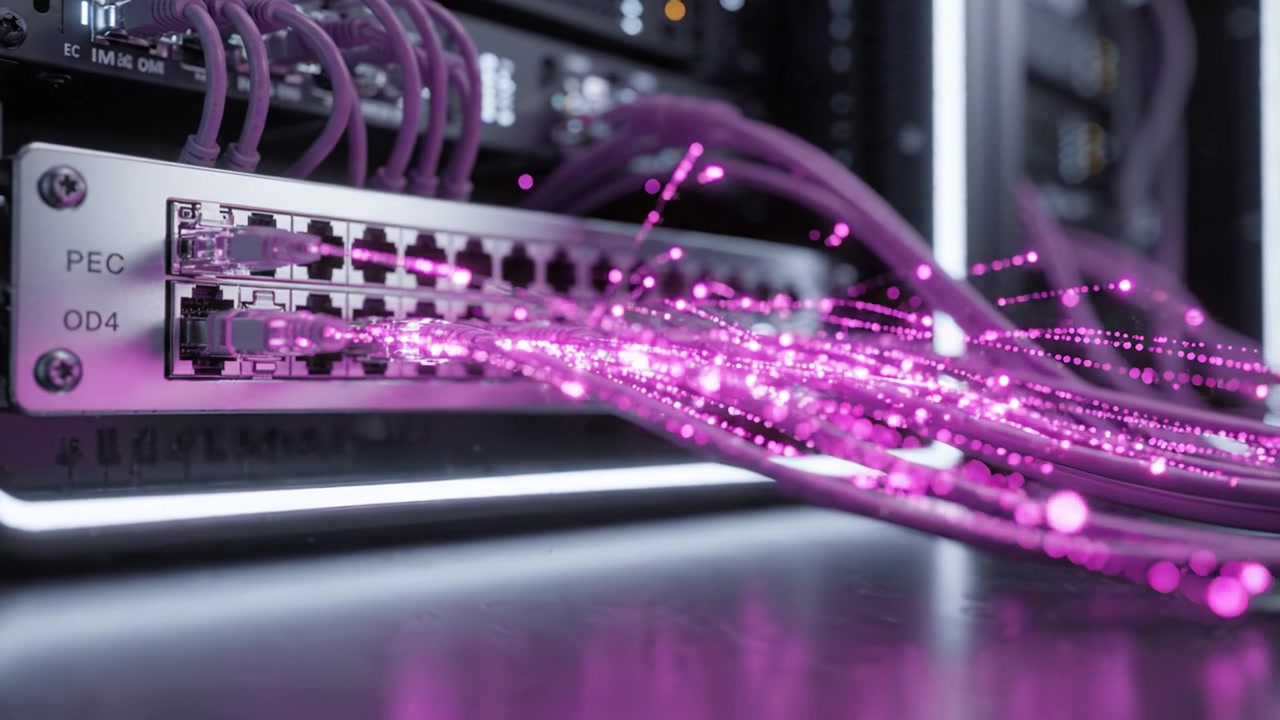 A Close-Up View of Networking Equipment with Vibrant Purple Cables Connecting to a Switch, Showcasing Advanced Technology in Modern Data Centers