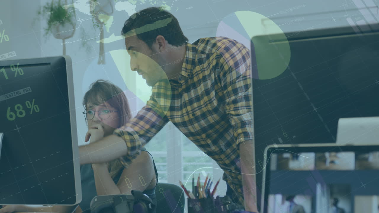 animación del procesamiento de datos estadísticos sobre colegas caucásicos masculinos y femeninos discutiendo.