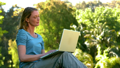 young woman using laptop in the park