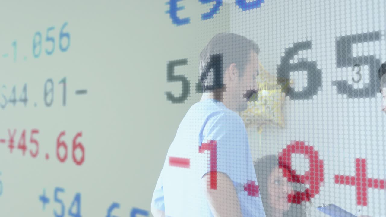 Medical staff doing visit after clinician reading blue folder, partner holding infant, cash overlay