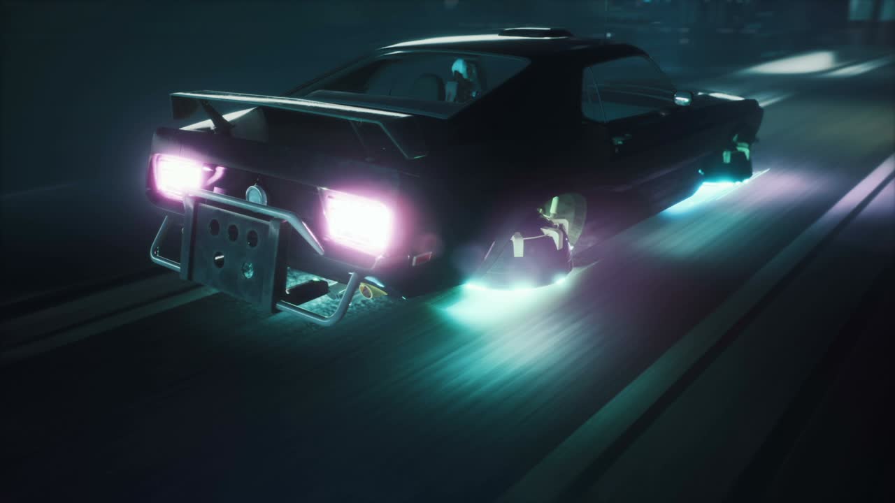 미래의 날아다니는 자동차는 사이버시티의 네온 거리를 가로질러 달려갑니다. 소설, 사이버 및 sf 배경에 대한 원활한 루프 애니메이션.