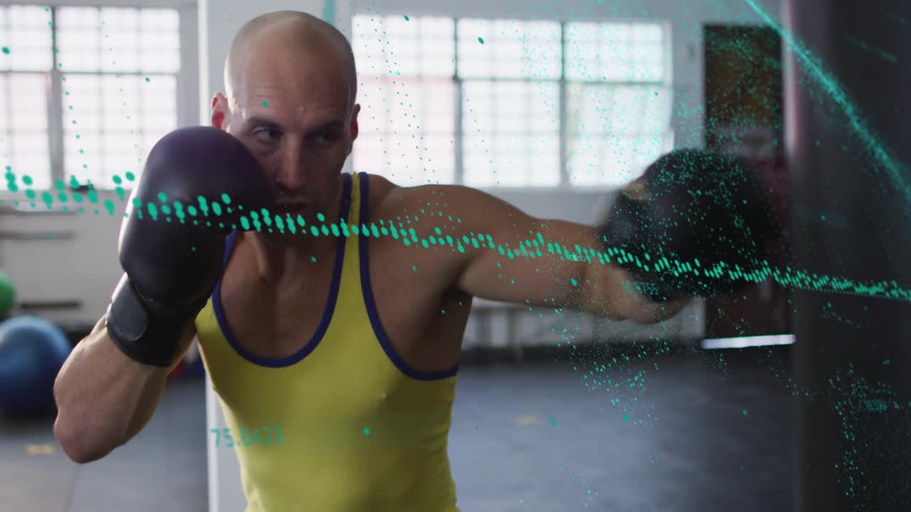Boxer shifting weight, throwing jabs, hitting heavy bag for training, teal dots sweeping over boxer