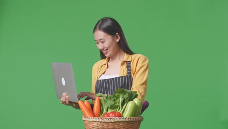 woman using laptop with basket of vegetables