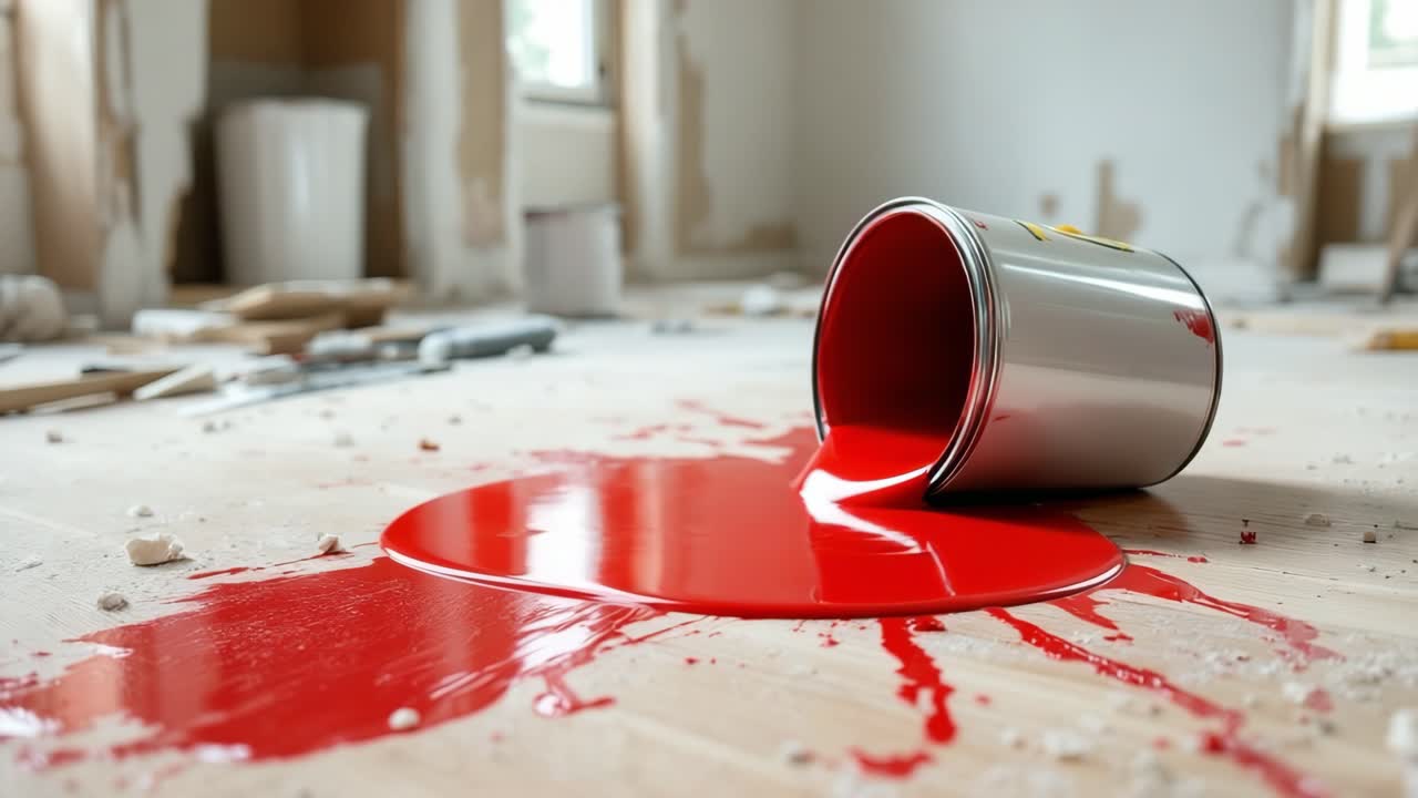 Red Paint Spilled on a Wooden Floor in a Room Under Renovation