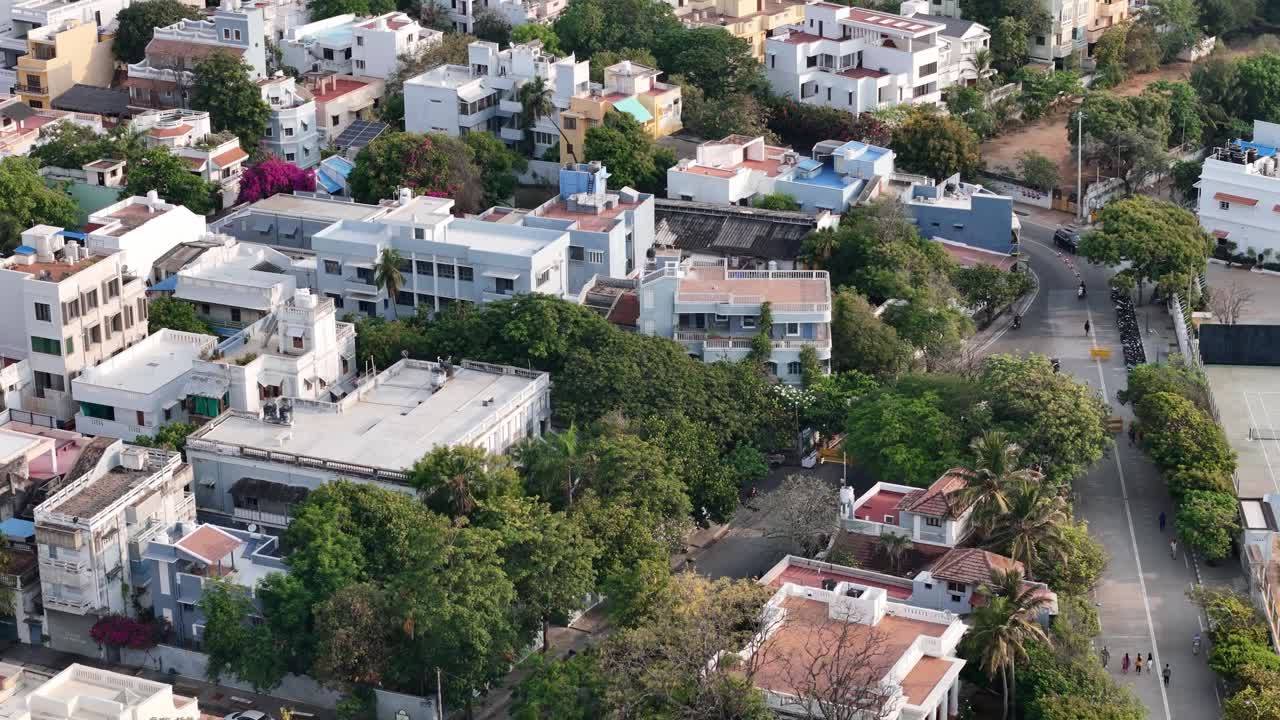 Drone footage approaches the city from the sea. The whole of Puducherry