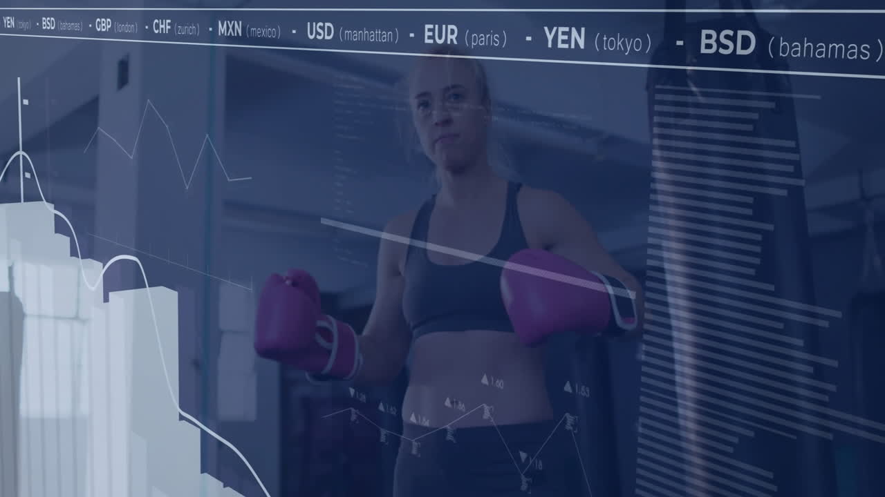 woman holding boxing gloves in fitness studio, with floating currency codes and chart graphics