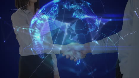 globe of plexus network against man and woman shaking hands against blue background