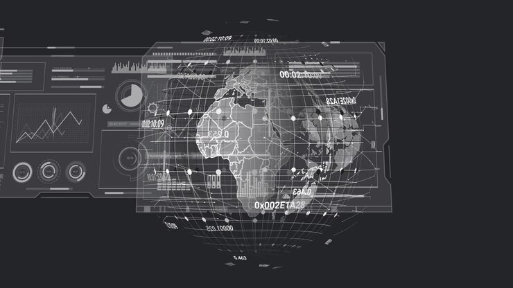 Global data visualization and analytics animation over world map and graphs