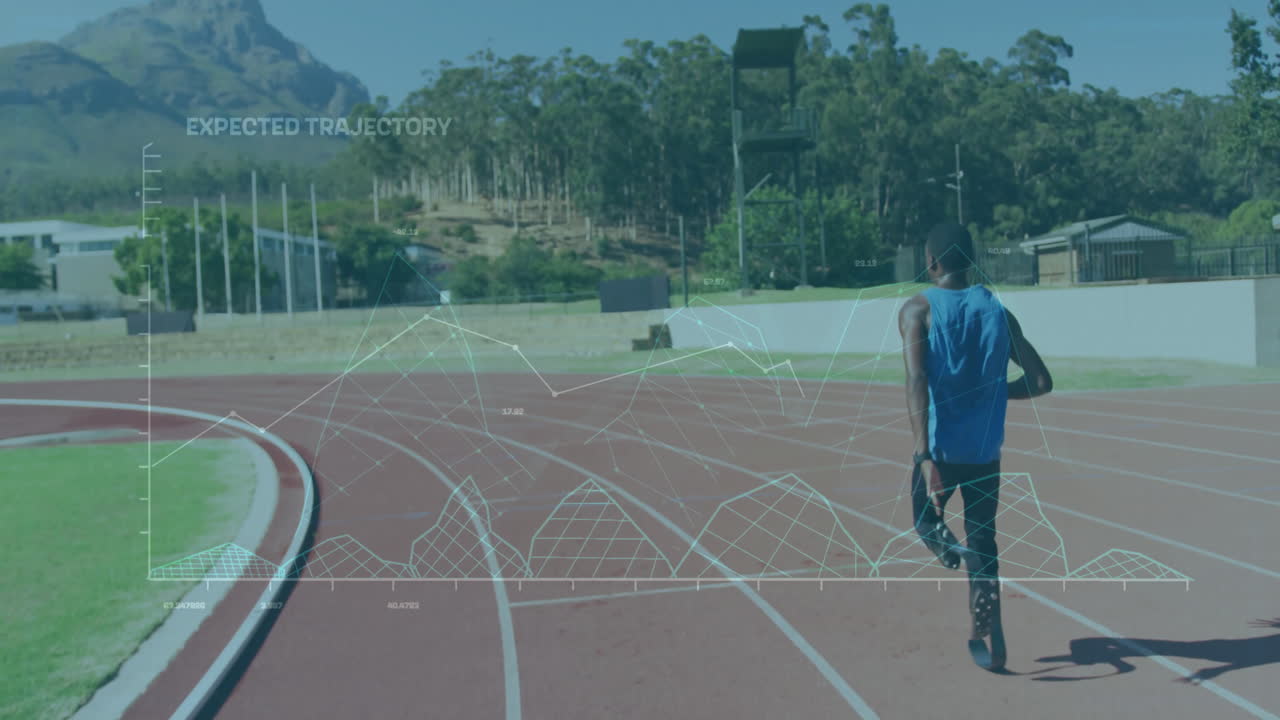 Running on track, athletes with data trajectory animation overlay, training hard