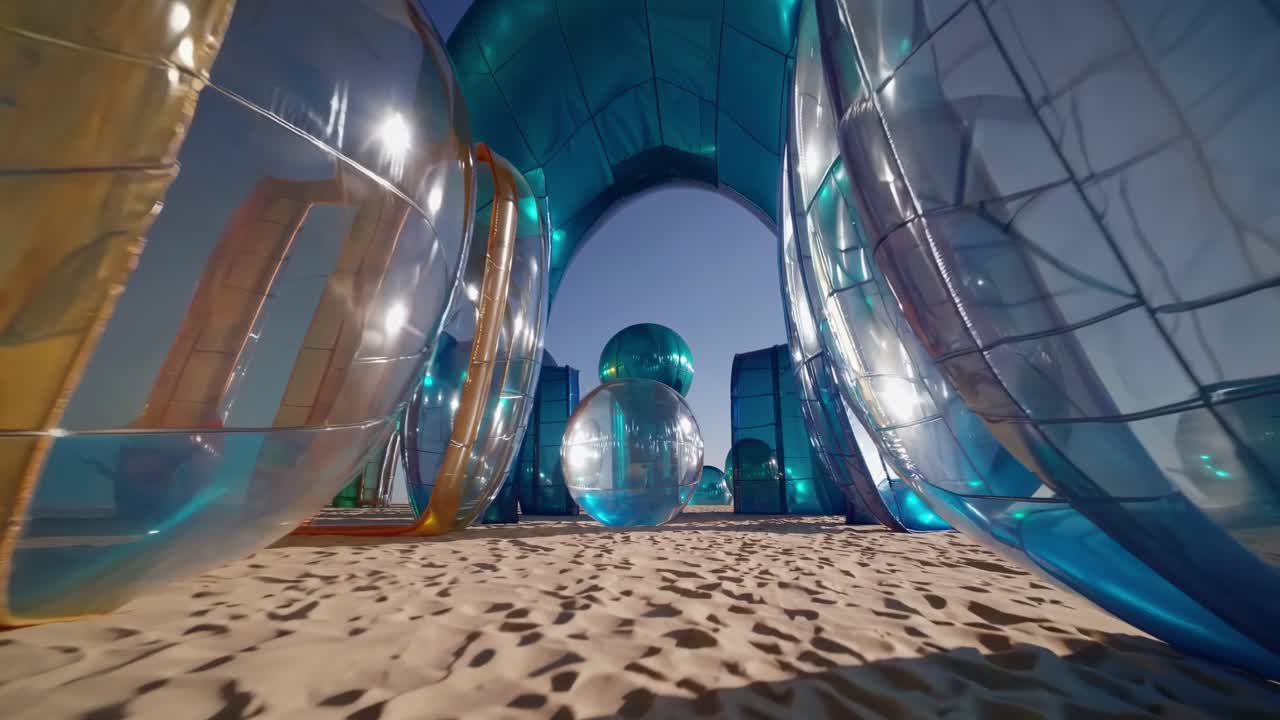 Large inflatable structures forming arches and spheres create a surreal and futuristic landscape on a sandy beach, illuminated by natural light