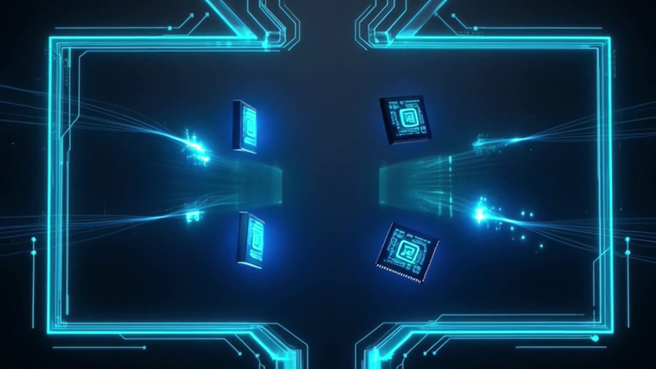 Digital Microchips Floating Inside a Futuristic Glowing Circuit Frame