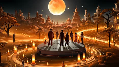moonlit gathering in a mystical landscape with glowing lanterns