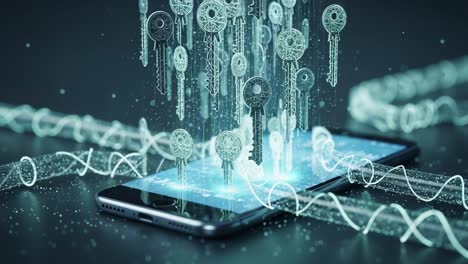 unlocking digital security: an exploration of key generation and encryption visualized through a smartphone with floating digital keys and dna patterns