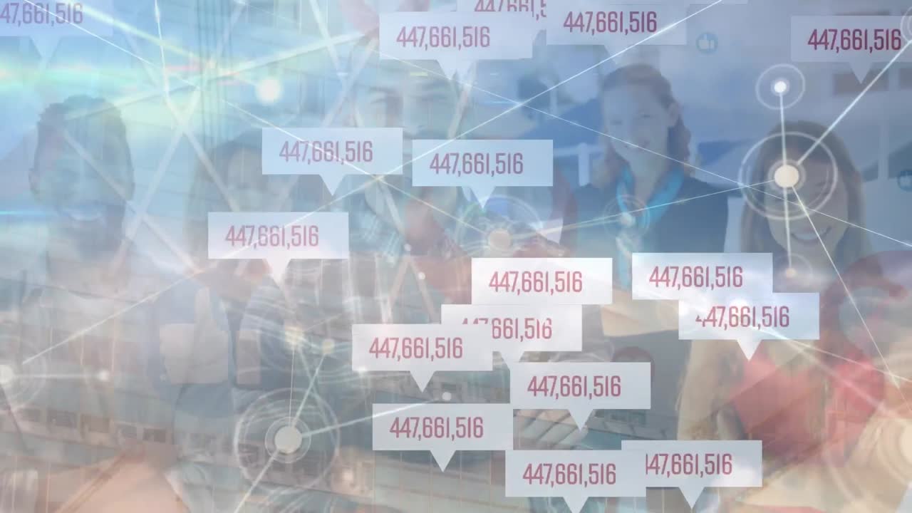 사업가들의 애니메이션과 연결 네트워크를 통해 바뀌는 숫자