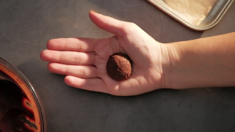 hand holding chocolate truffle going in and out of focus