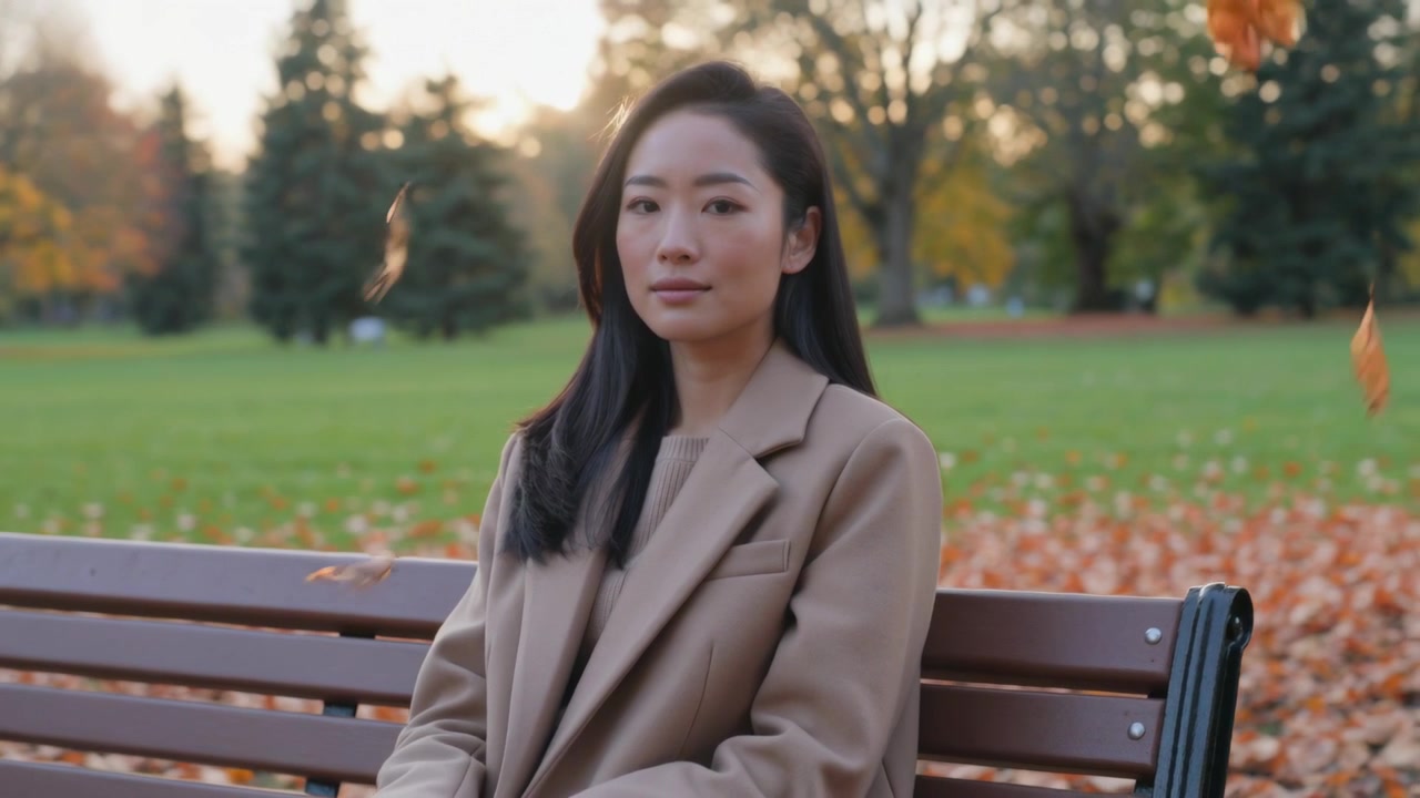 穿著米色外套的女士坐在公園長椅上，微風吹拂著樹葉，她凝視著鏡頭拍攝肖像