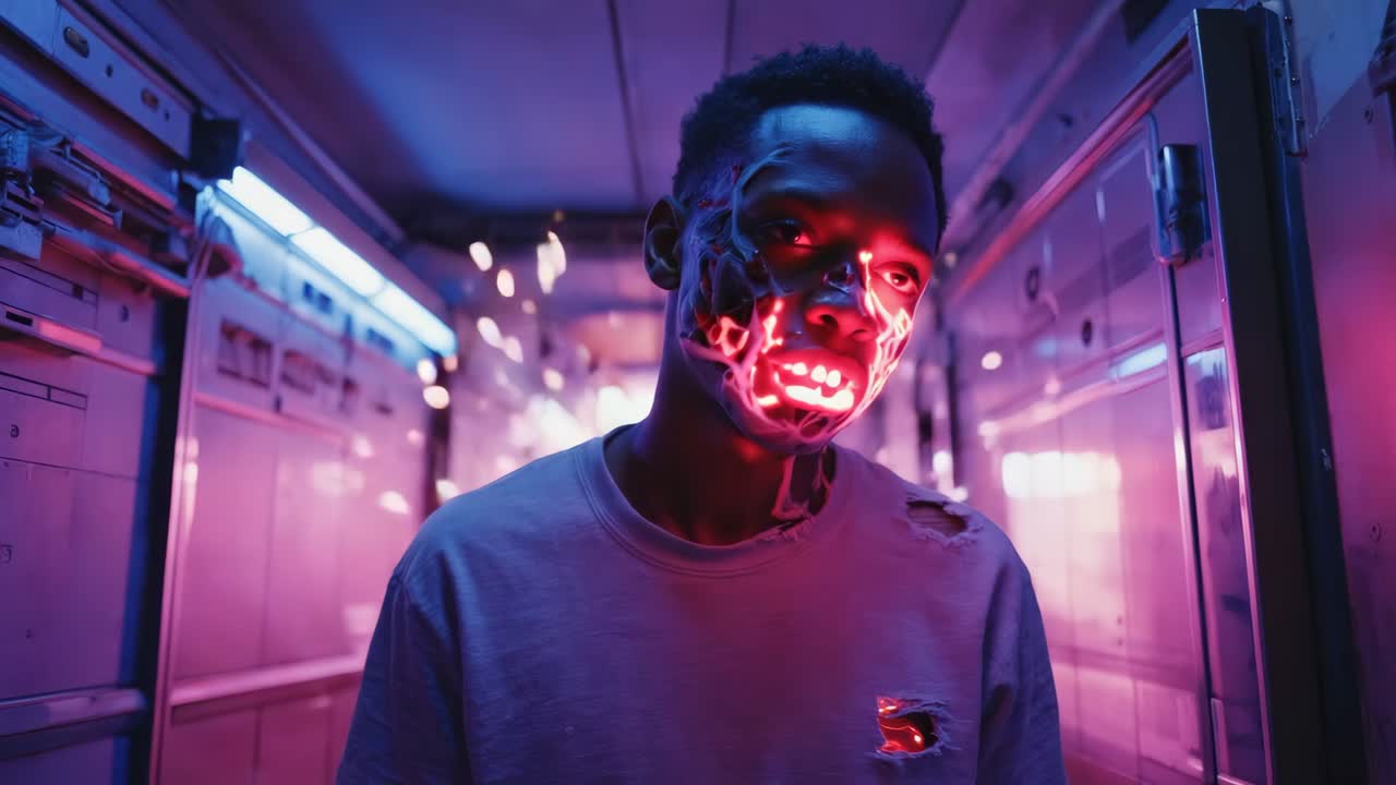 Man with Glowing Red Facial Patterns in a Cyberpunk Corridor