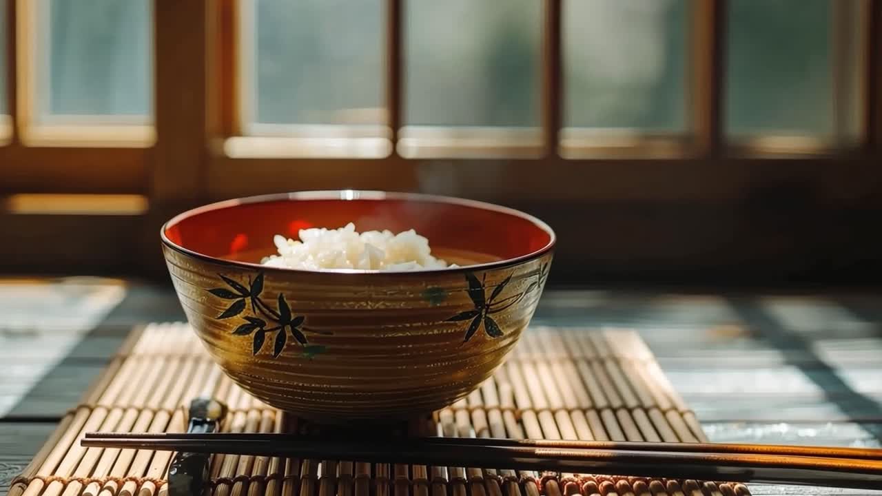Steaming Bowl of Rice with Chopsticks on a Bamboo Mat