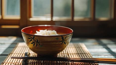 steaming bowl of rice with chopsticks on a bamboo mat