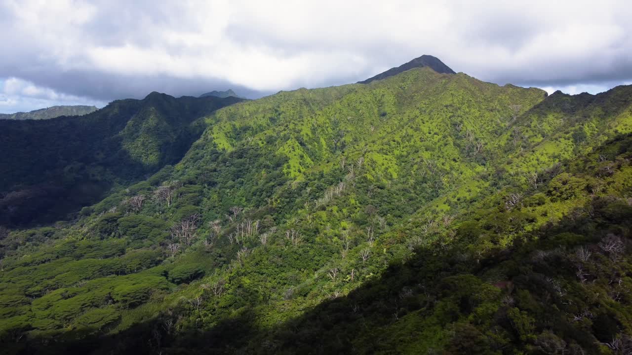 AERIAL Side Panning Shot of Moody Mountainous Jungles of Oahu, Hawaii