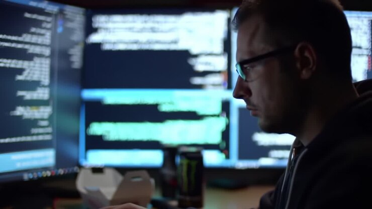 Konzentrierter Programmierer analysiert Code auf mehreren Monitoren mit einem Lebensmittelbehälter und Getränken inmitten eines schwach beleuchteten Raums für optimale Konzentration und Produktivität