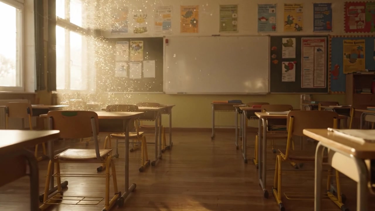 Aula illuminata con particelle di polvere che fluttuano nella luce del sole: un ambiente di apprendimento sereno catturato in due fotogrammi.