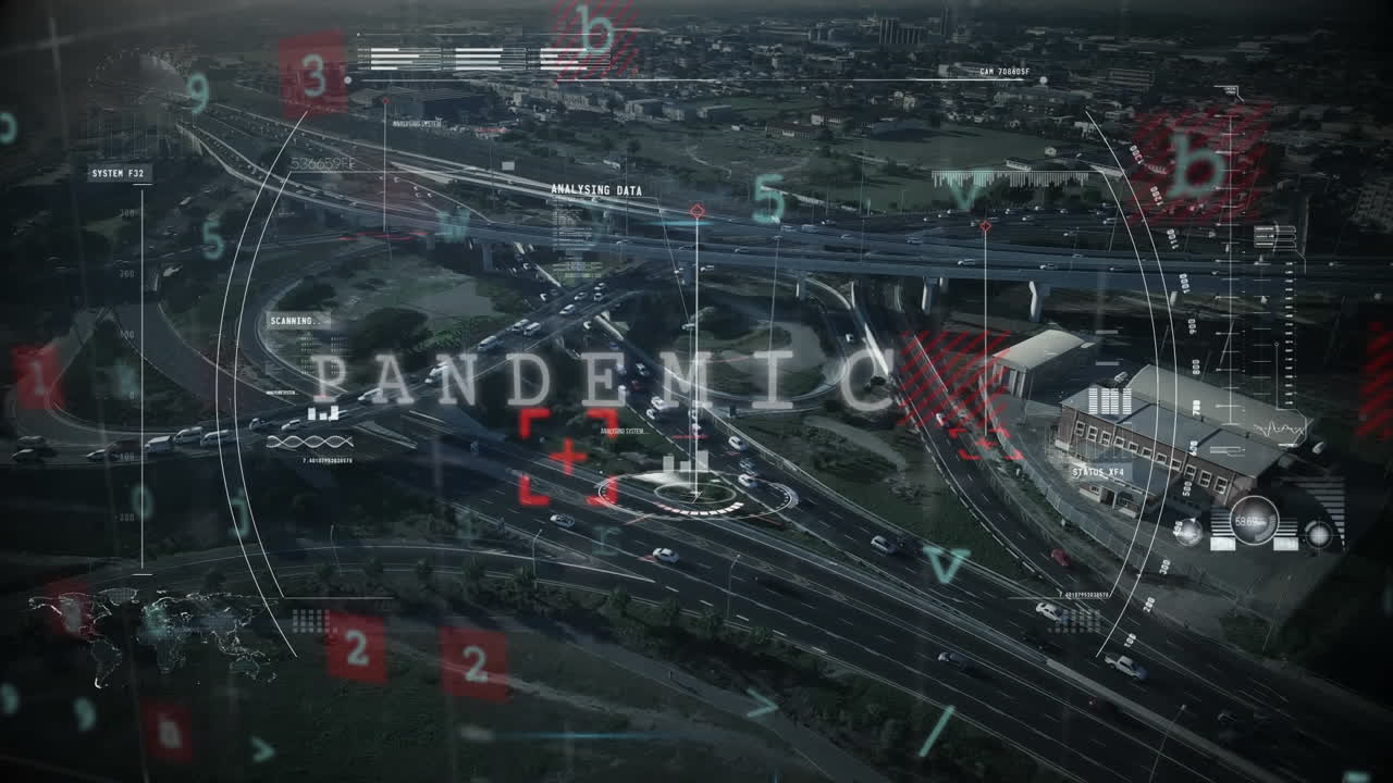 escáner redondo y procesamiento de datos contra el paisaje urbano