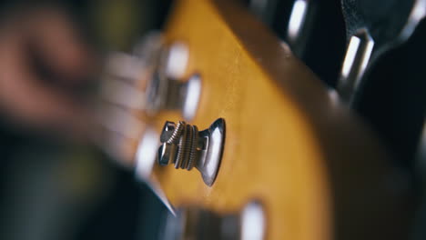 professional guitarist tunes bass guitar strings closeup