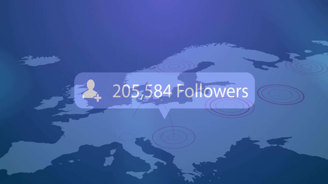 animación del icono del perfil con seguidores crecientes en el mapa del mundo contra un fondo gris.