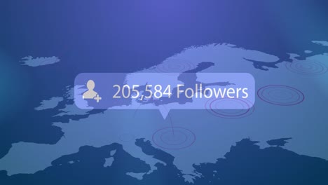 Animation-of-profile-icon-with-increasing-followers-over-world-map-against-grey-background