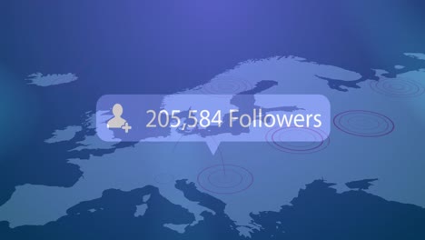 animation of profile icon with increasing followers over world map against grey background