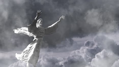 a floating statue of jesus against a background of thunderstorms and lightning of thick gray clouds and moves