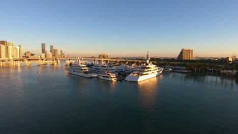 yachts docked on port in dockyard near a city | cityscape skyline video during sunset with golden lights on buildings | yachts docked on port in bay near a city