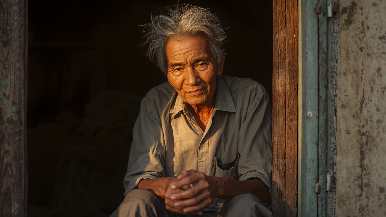 Uomo asiatico seduto che si sistema e incrocia lo sguardo sulla soglia mentre la luce del sole cade, mostrando la tasca della camicia