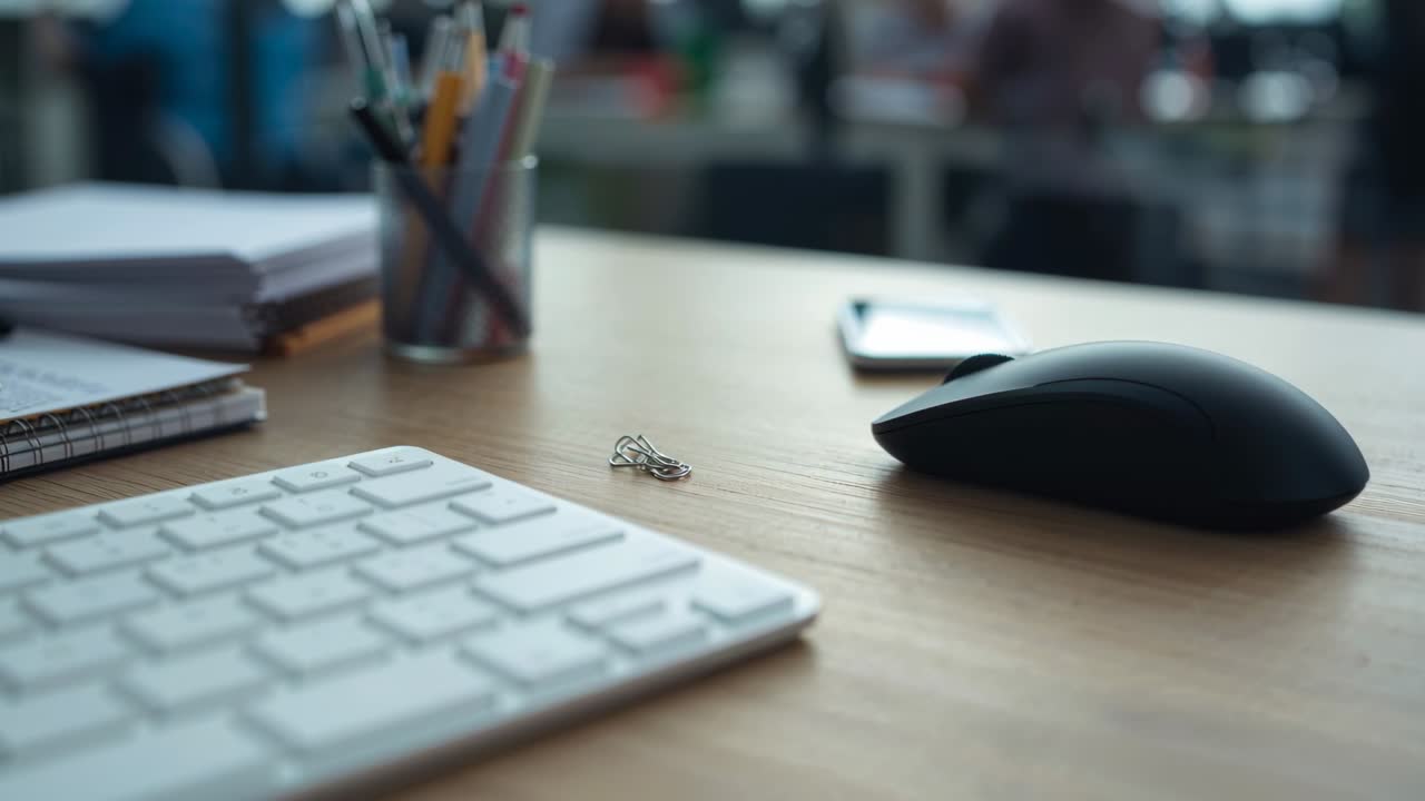 Shifting focus camera showing white keyboard left on desk, mouse, binder clips, adding sharp detail