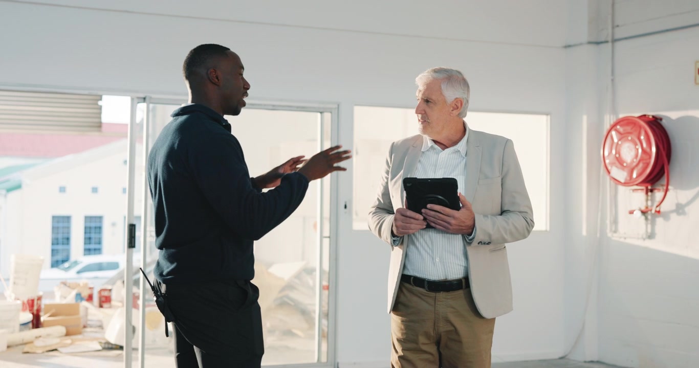 Construction Manager and Contractor Discussing Project Plans on Tablet