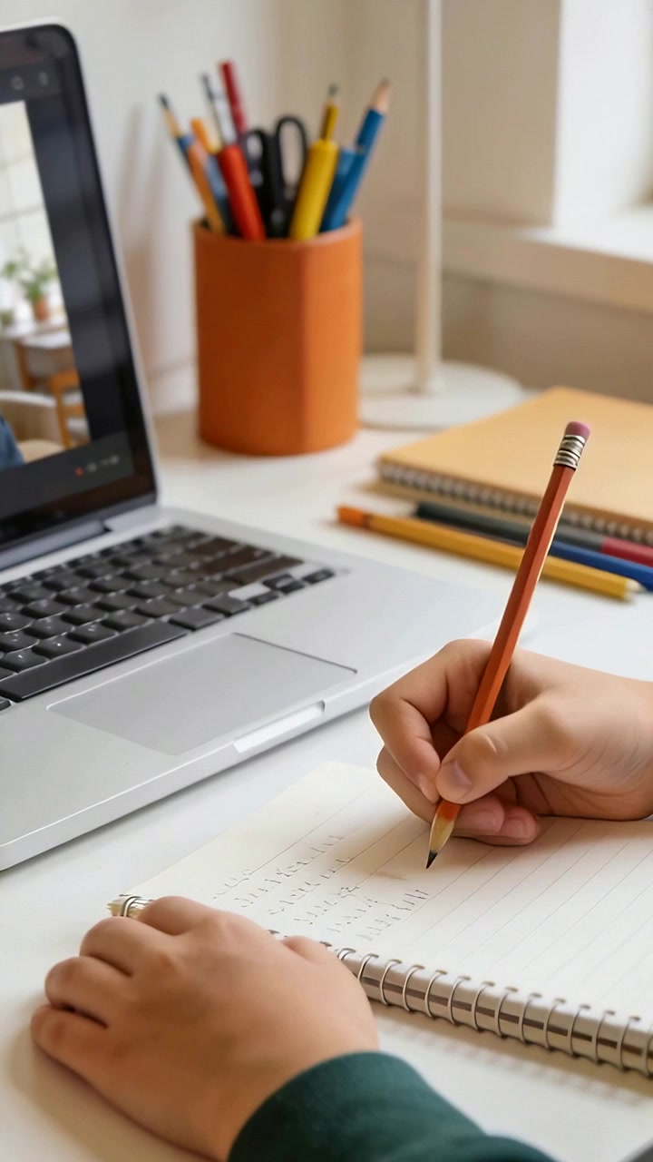Vertical video: Writing hands green lowering pencil to notebook at window desk studying with laptop