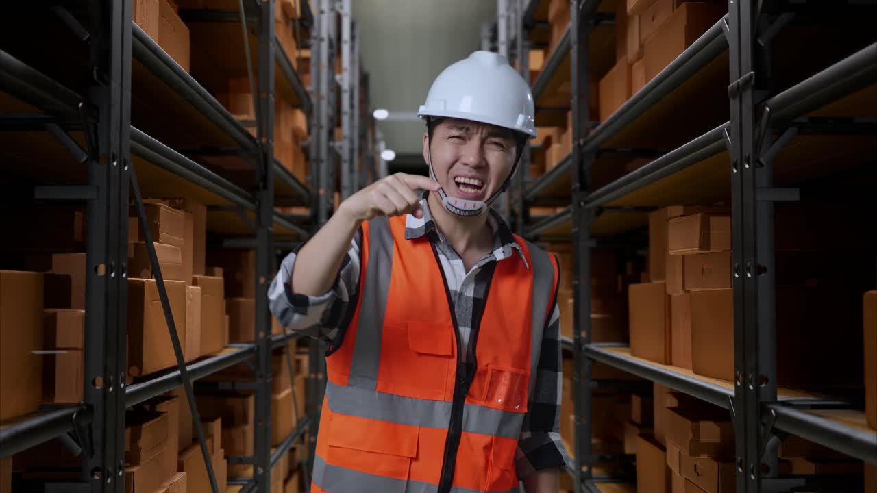 안전 헬을 입은 아시아 남성 엔지니어가 배달 물품으로 가득 찬 선반과 함께 창고에 서 있습니다. 화를 내고, 당신을 가리키고 창고에서 소리 니다.