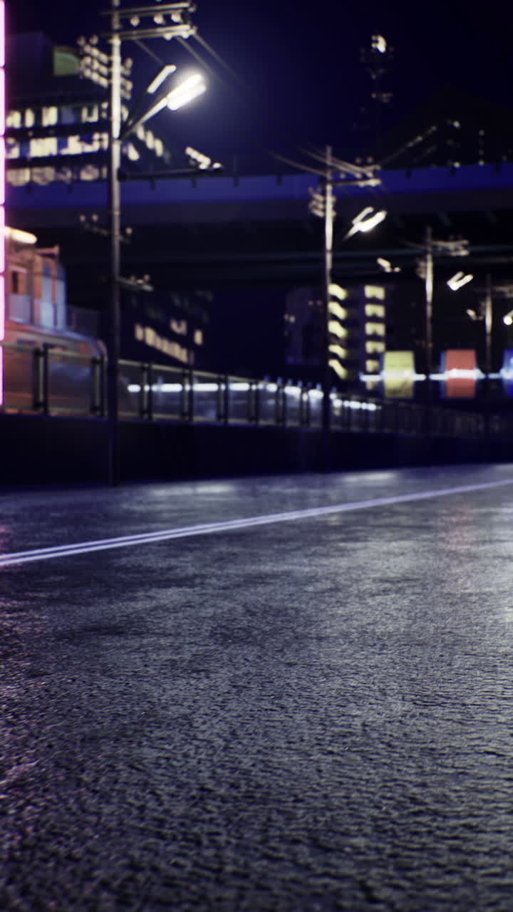 Vibrant city street illuminated by neon lights on a rainy night