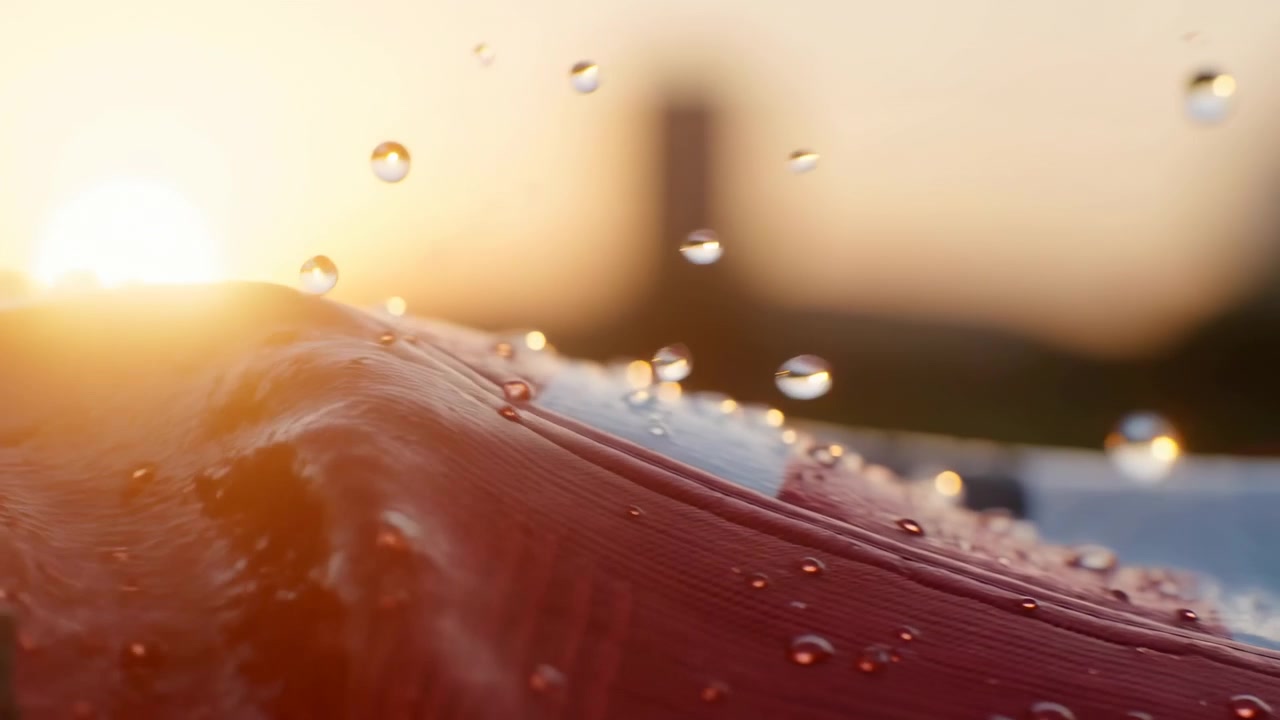 Low-angle macro study of textured red leather coated in glossy droplets, with several beads suspended above surface, tiny splash crowns, bright refractions, warm backlight, refined luxury mood