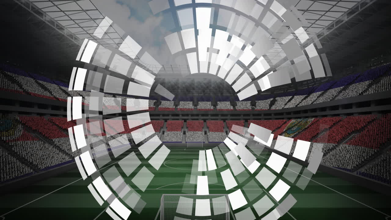 Stadium with digital circular pattern animation over empty soccer field