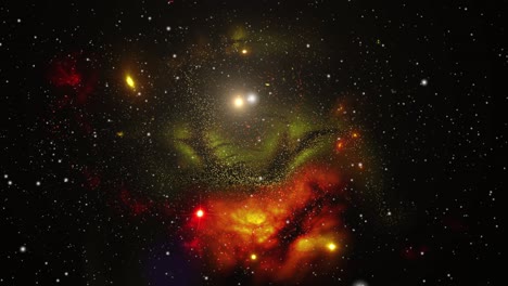 nebulosas naranjas y verdes y estrellas moviéndose a su alrededor, el universo