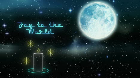 Animation-of-jpy-to-the-world-text-over-candle-and-full-moon-in-winter-scenery-background