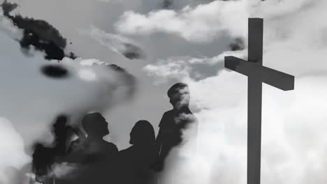 animation of silhouette of christian cross and a family over white clouds