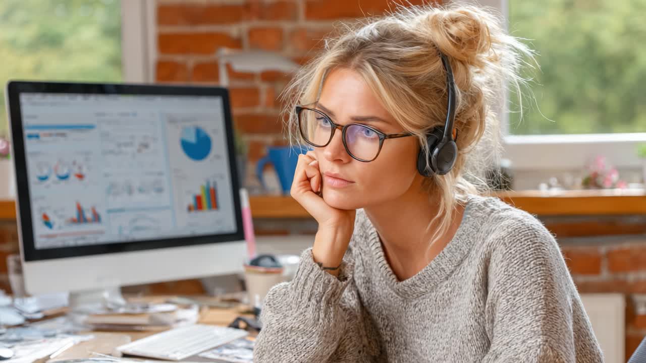 Una donna profondamente riflessiva con le cuffie in uno spazio di lavoro accogliente, circondata da grafici di dati, persa nella contemplazione tra le sue attività
