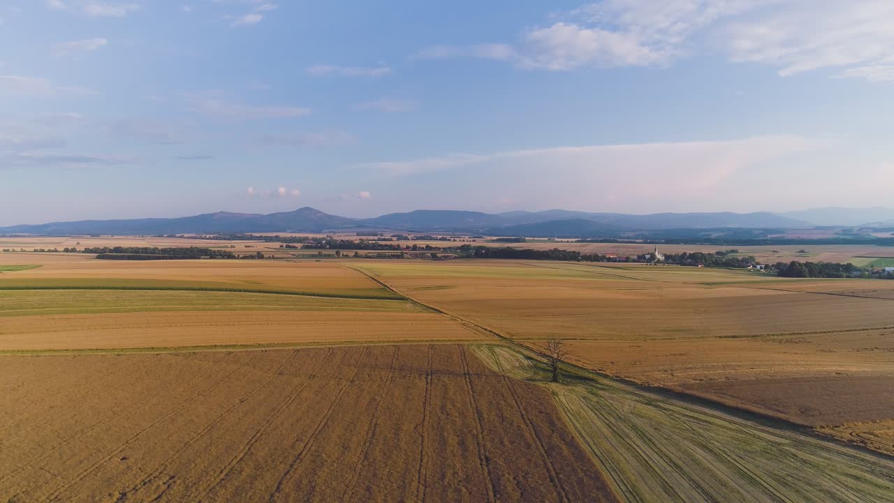 Aerial View of Vast Farmland with Distant Mountains and Village